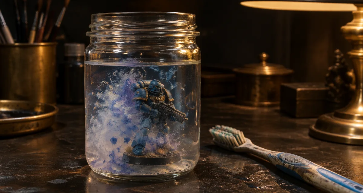 Bemalte Miniatur in einem Glas mit Isopropanol, die alte Farbe löst sich sichtbar ab; daneben liegt eine Zahnbürste auf der Werkbank