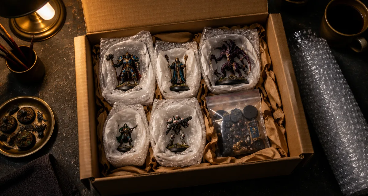 Geöffneter Versandkarton auf einer Werkbank, darin einzeln in Luftpolsterfolie gewickelte Miniaturen, daneben Klebeband und weiteres Packmaterial
