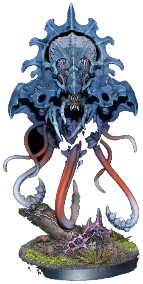 Neurotyrant mit blaugrauem Knochenpanzer, roten Tentakeln und Knochenkranz auf felsiger Base