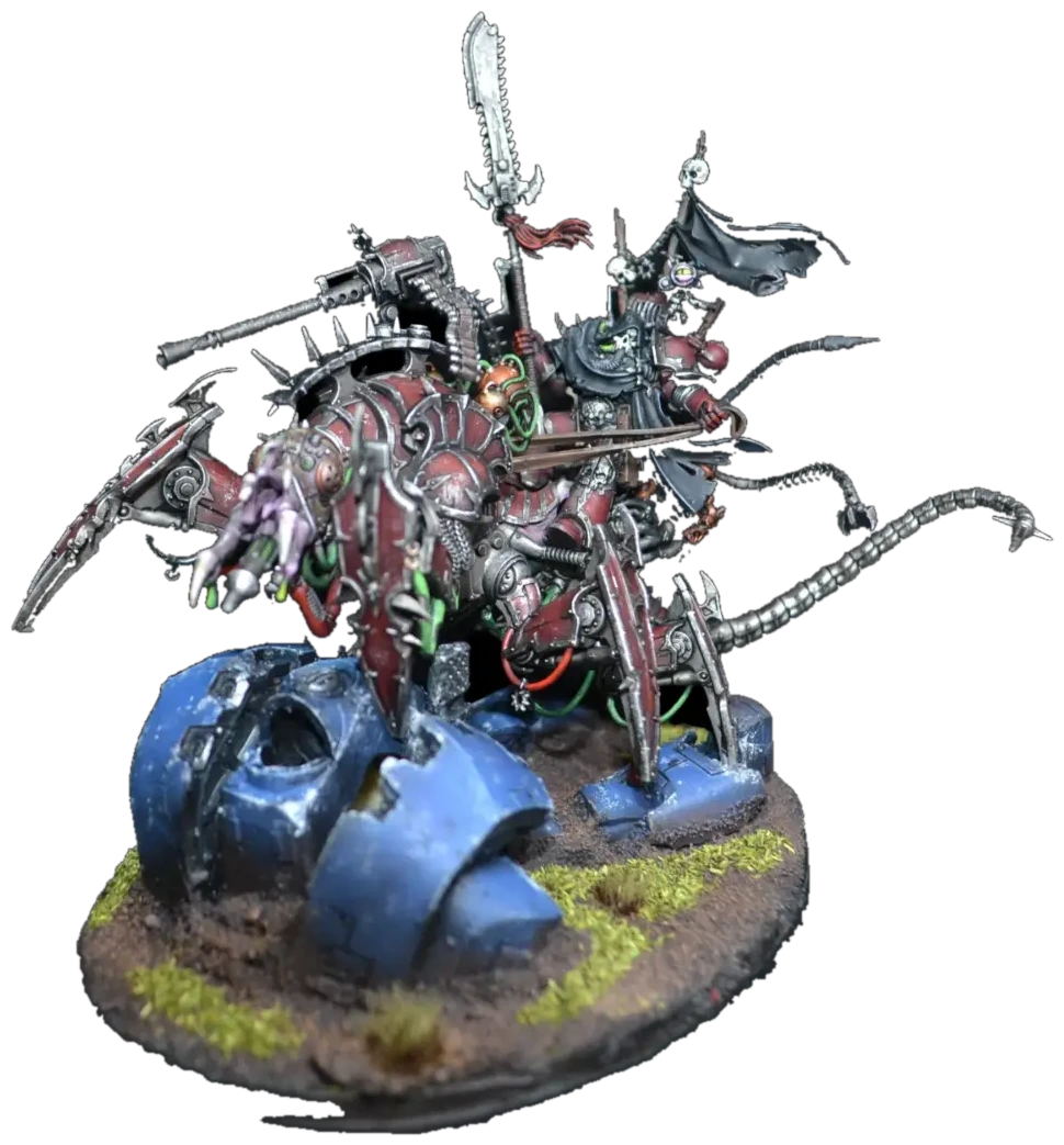 Word Bearers Lord Discordant auf getriebener Chaos-Maschine in Rot mit Kettenwaffe, schwarzem Banner und Silizien auf Trümmer-Base