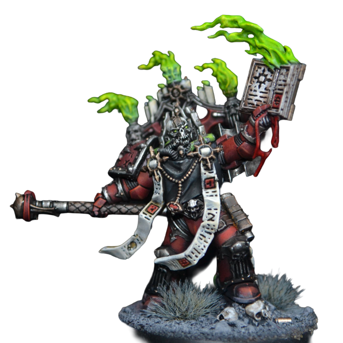 Word Bearers Dark Apostle mit grünen Flammen-Effekten. Bemalt im Tabletop + Qualitätsstandard von Echoes of Colour.