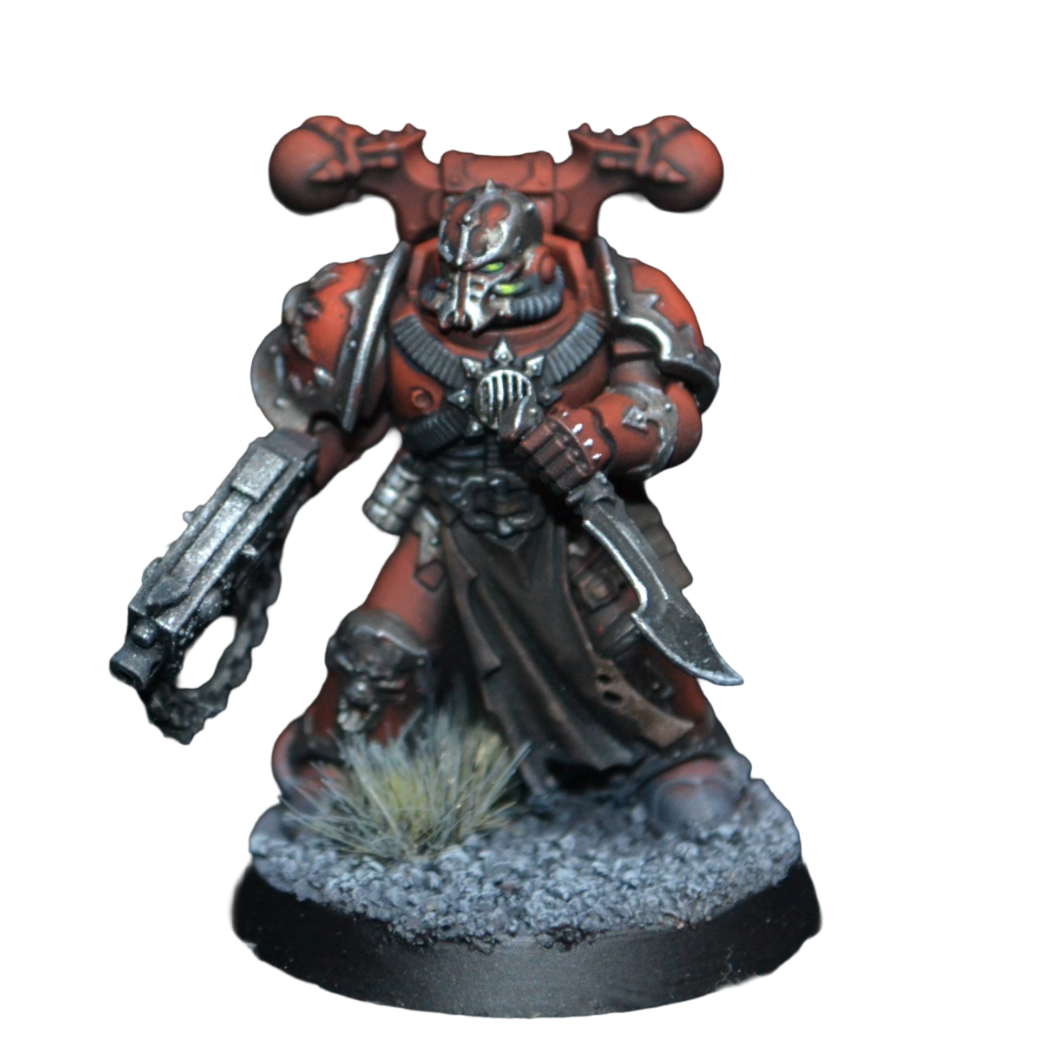 Word Bearers Chaos Space Marine Legionär mit Bolter. Bemalt im Tabletop Standard von Echoes of Colour.